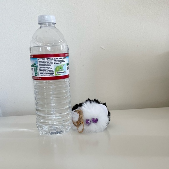 Black & White Character Fluffy Pom Pom Keychain Accessory with Purple Heart Eyes - Picture 7 of 12